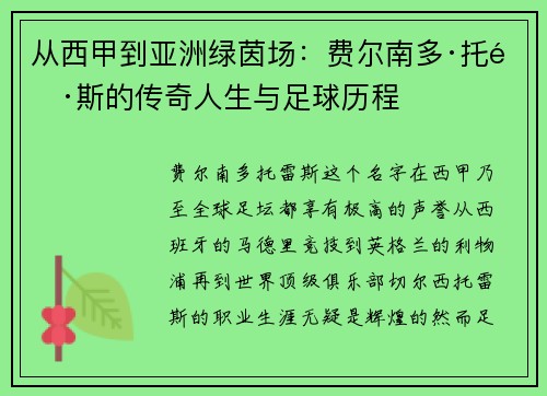 从西甲到亚洲绿茵场：费尔南多·托雷斯的传奇人生与足球历程