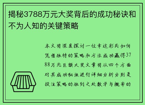 揭秘3788万元大奖背后的成功秘诀和不为人知的关键策略