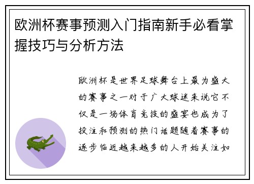 欧洲杯赛事预测入门指南新手必看掌握技巧与分析方法