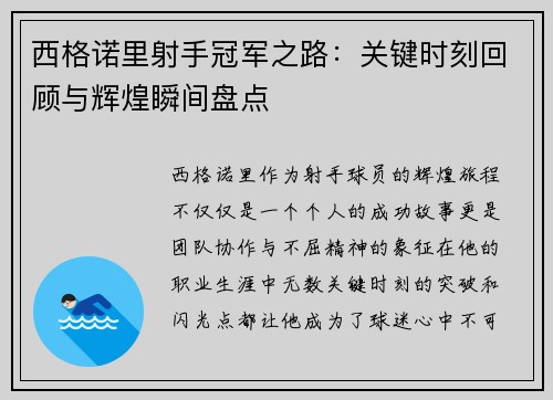 西格诺里射手冠军之路：关键时刻回顾与辉煌瞬间盘点